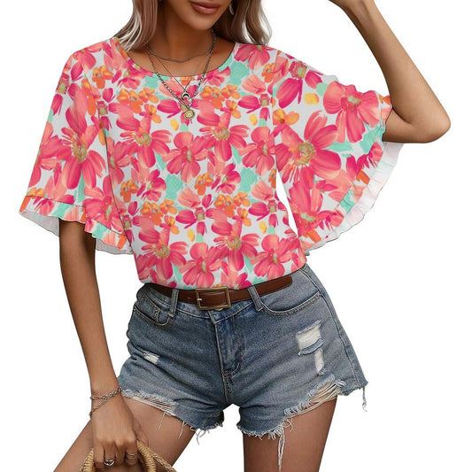 Custom Printed Ruffle Sleeve T-Shirt for Women