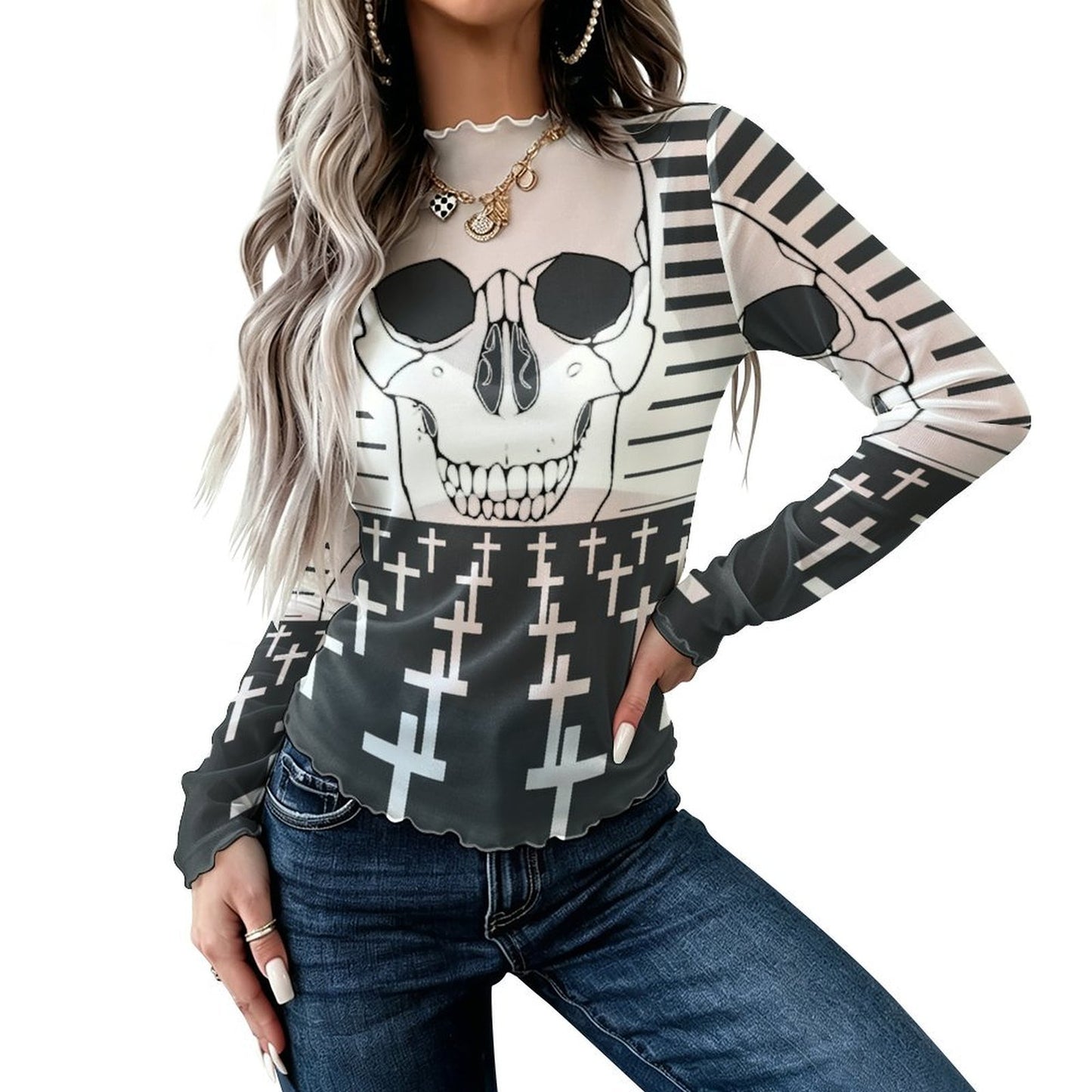 Custom Print Mesh Turtleneck Long Sleeve Top for Women — S to 5XL