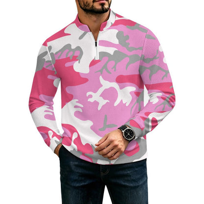 Men's Waffle Knit Quarter-Zip Mock Neck Pullover with Custom Heat Transfer