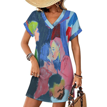 Women's Casual V-Neck Dress with Turn-Up Cuffs — Custom Heat Transfer Print, Soft Stretch Fabric, S–5XL
