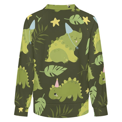 Casual Long Sleeve V-Neck Sweatshirt Green, Dinosaur Pattern