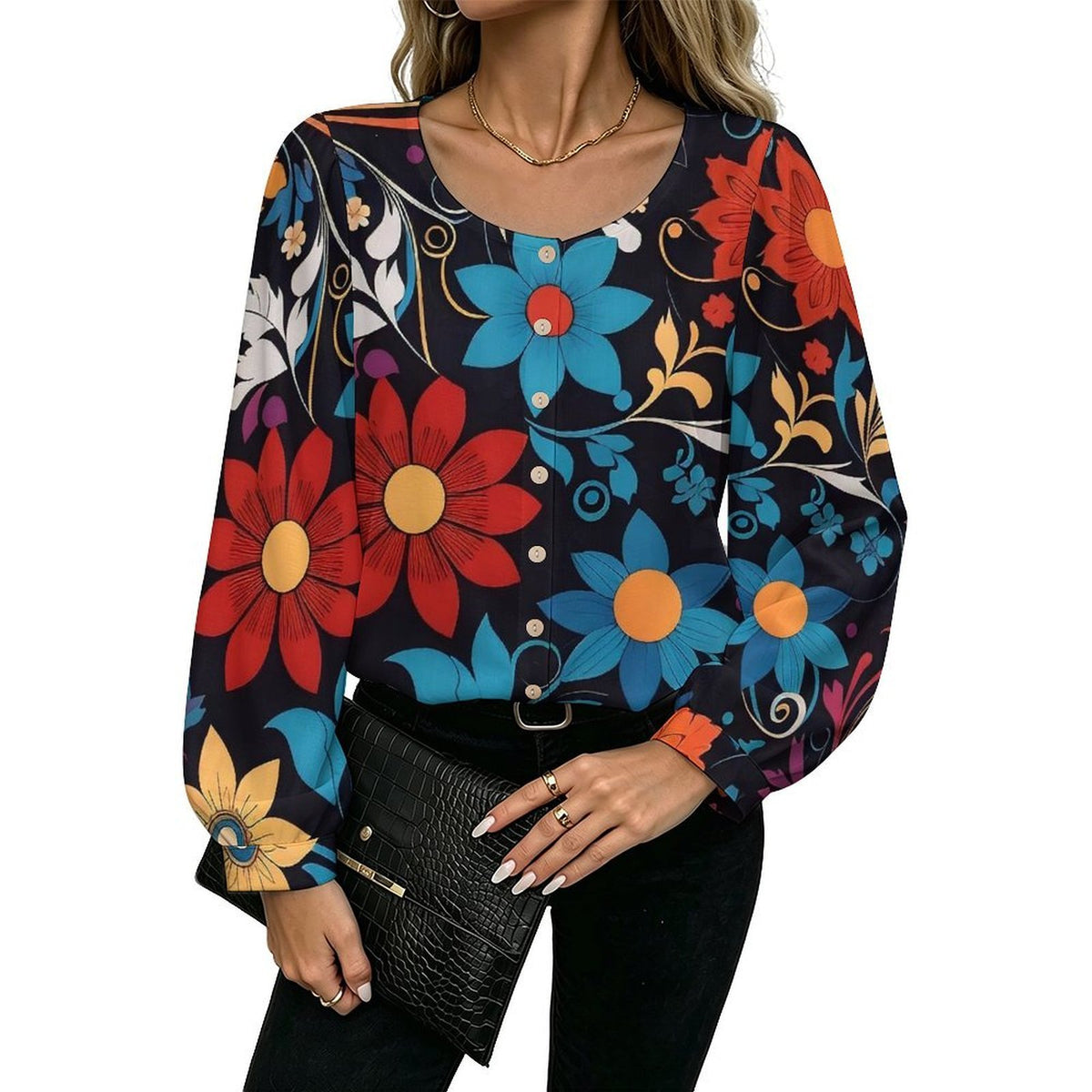 Custom Women's Linen-Look Blouse with Lantern Sleeves and Personalized Print