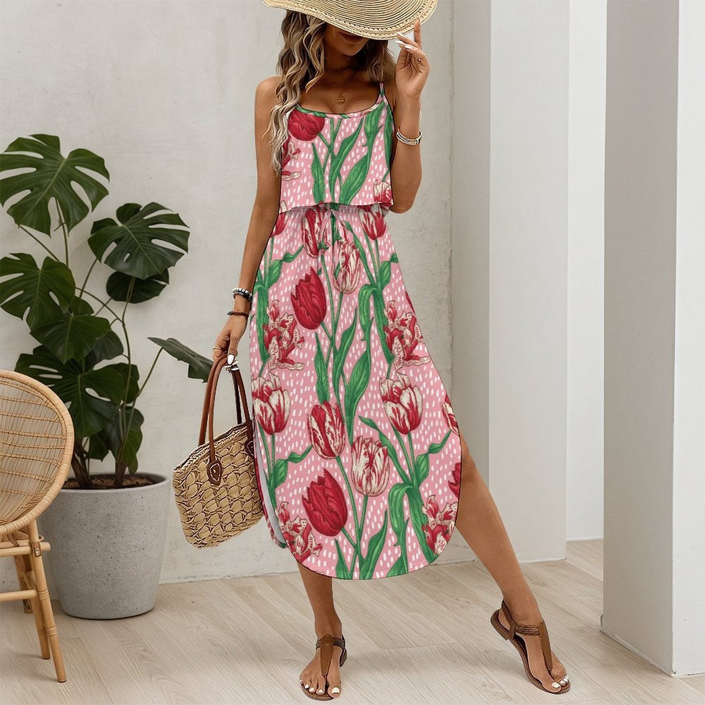 Custom Printed Spaghetti Strap Side Slit Maxi Dress