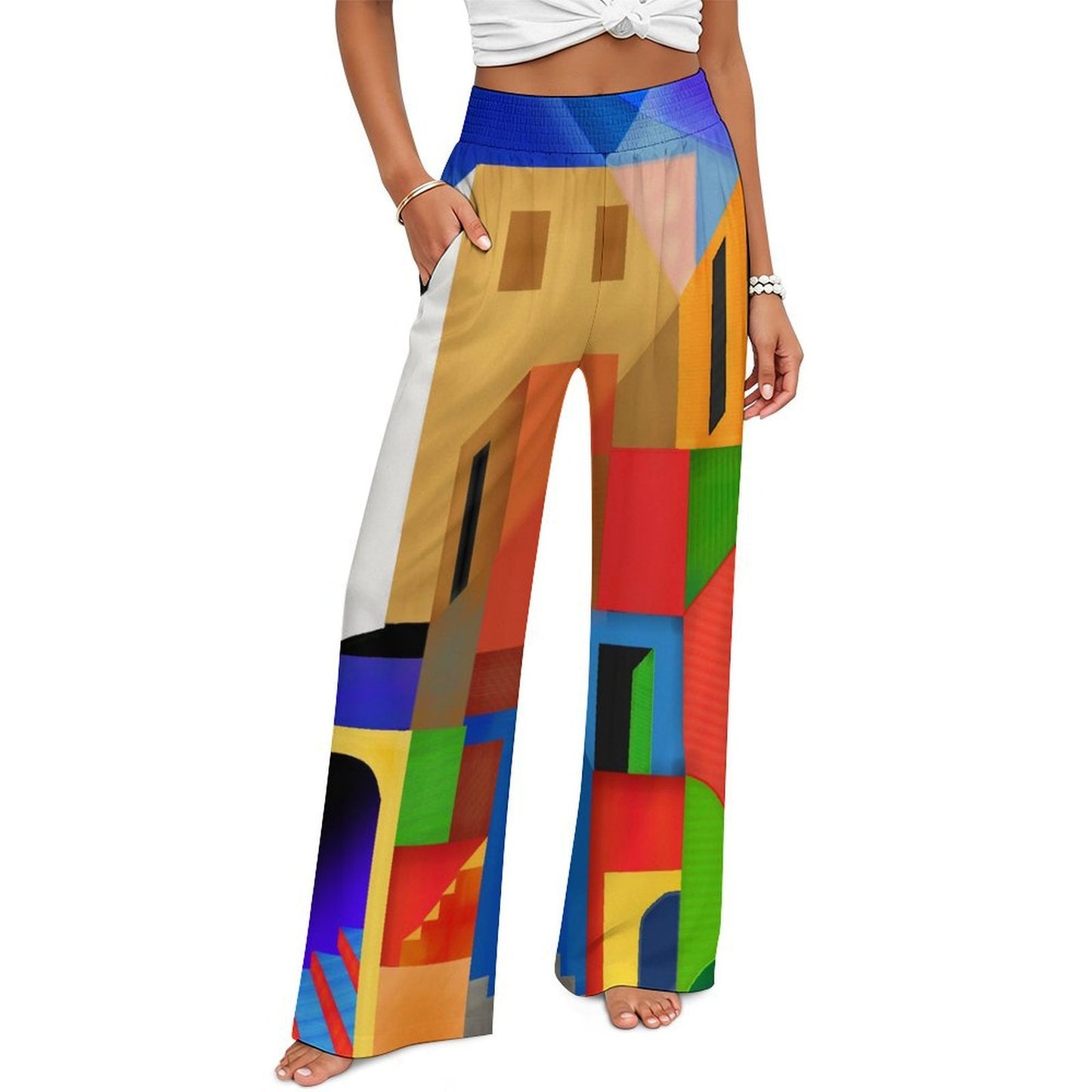 Women's High Waist Wide Leg Pants with Custom Print — Soft Stretch Fabric, Smocked Waistband, S to 5XL