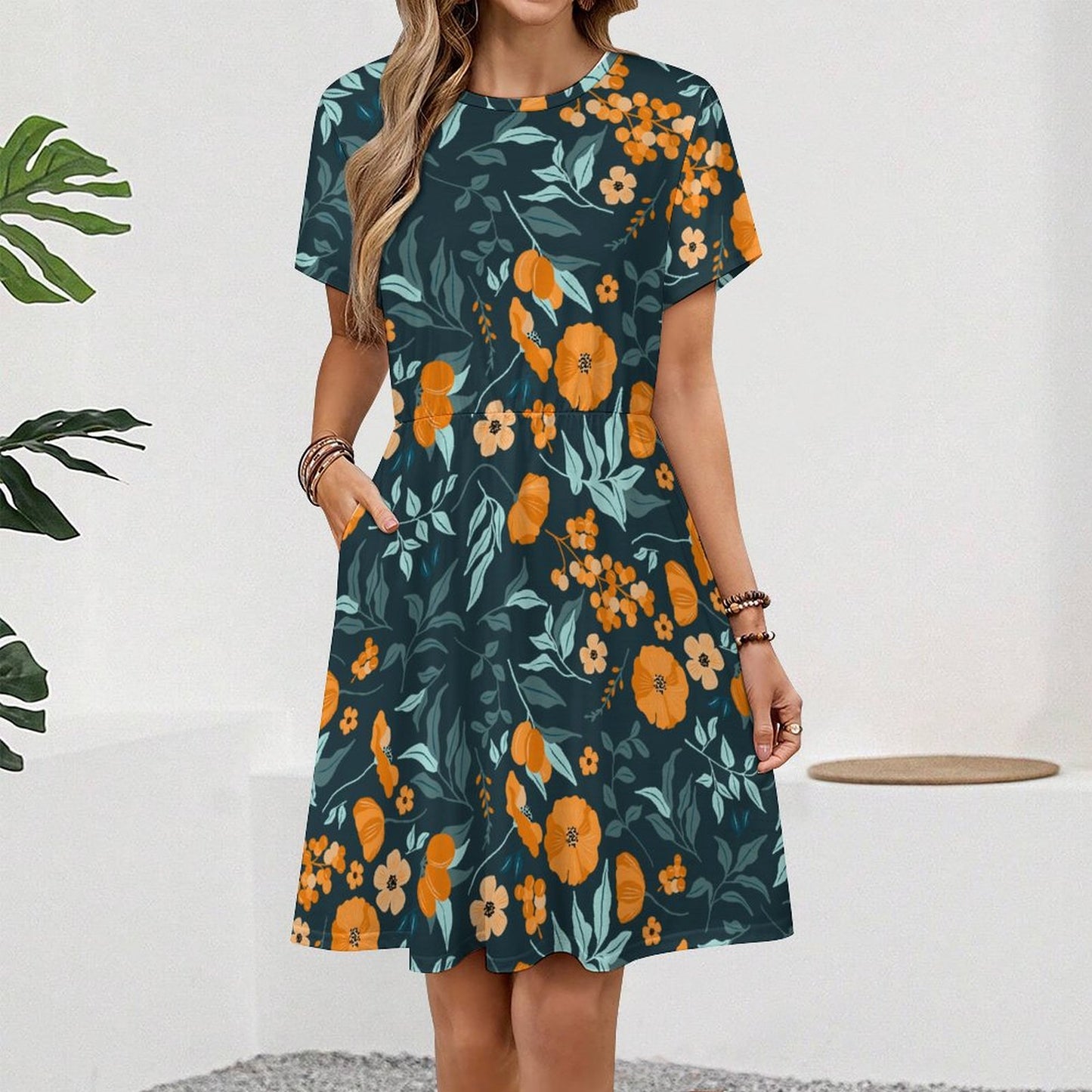 Custom Short Sleeve Round Neck Dress | Personalized Photo Midi Dress