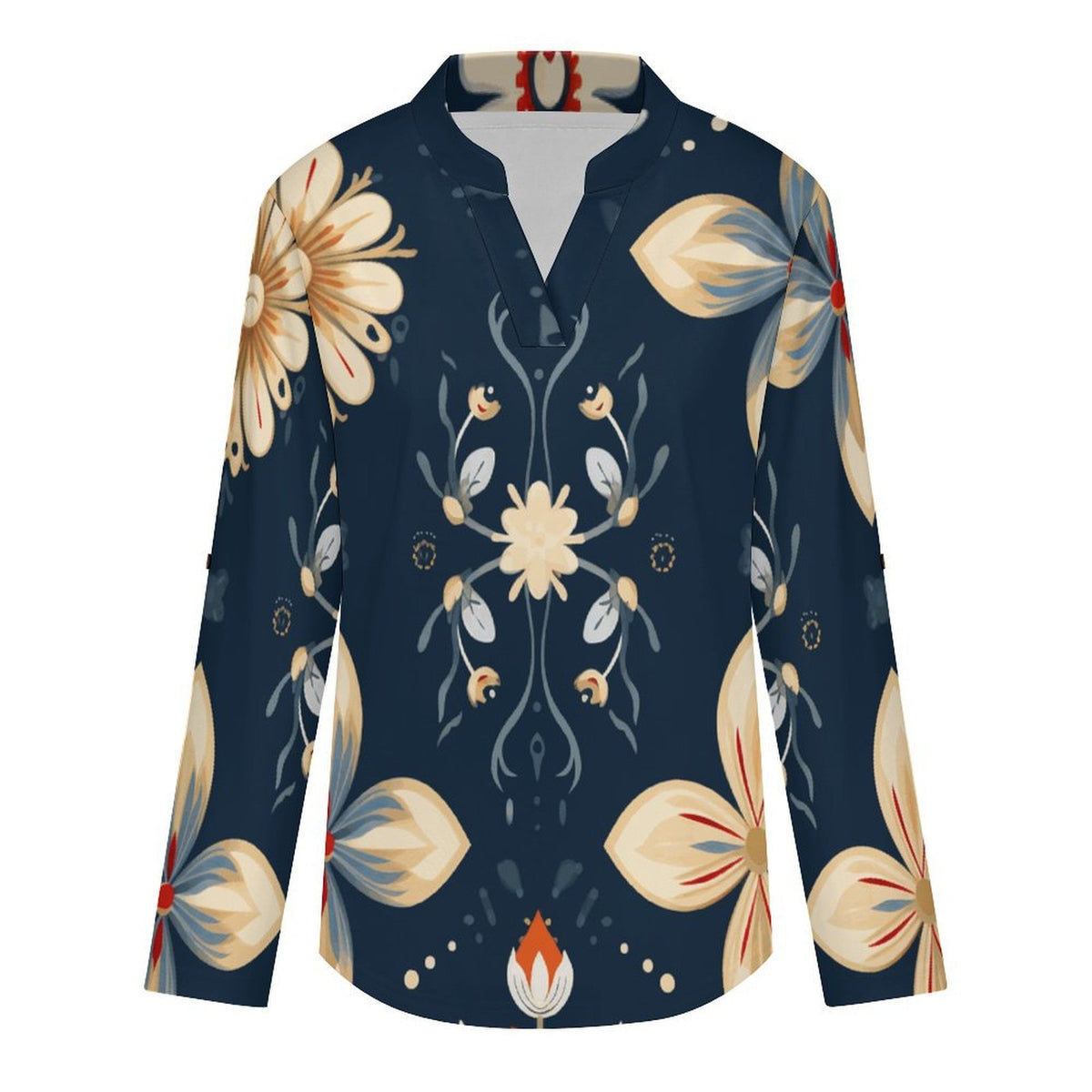 Custom Printed Women's V-Neck Shirt with Roll-Up Sleeves