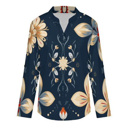 Custom Printed Women's V-Neck Shirt with Roll-Up Sleeves