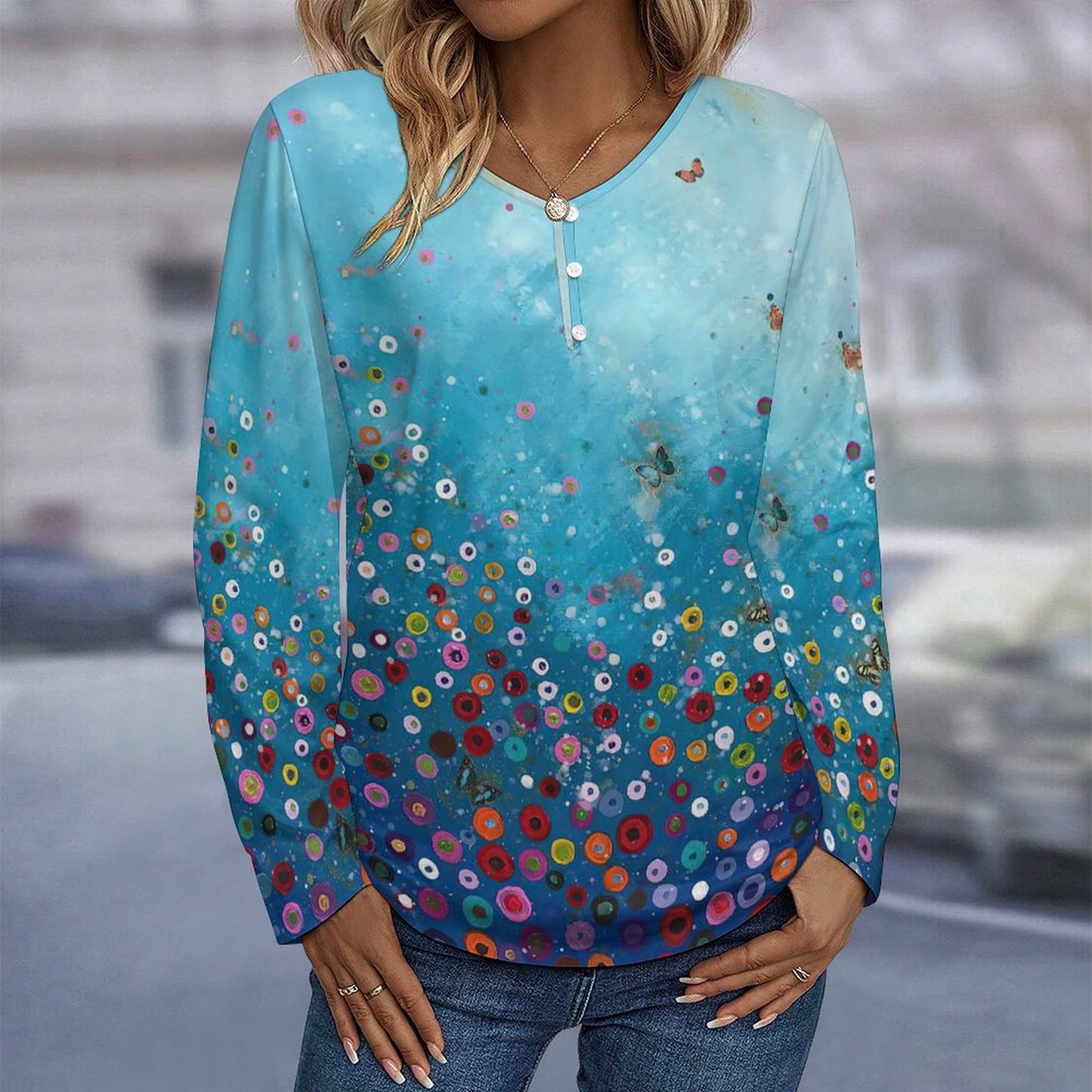 Custom Women's Henley Shirt | Personalized V-Neck Long Sleeve Top