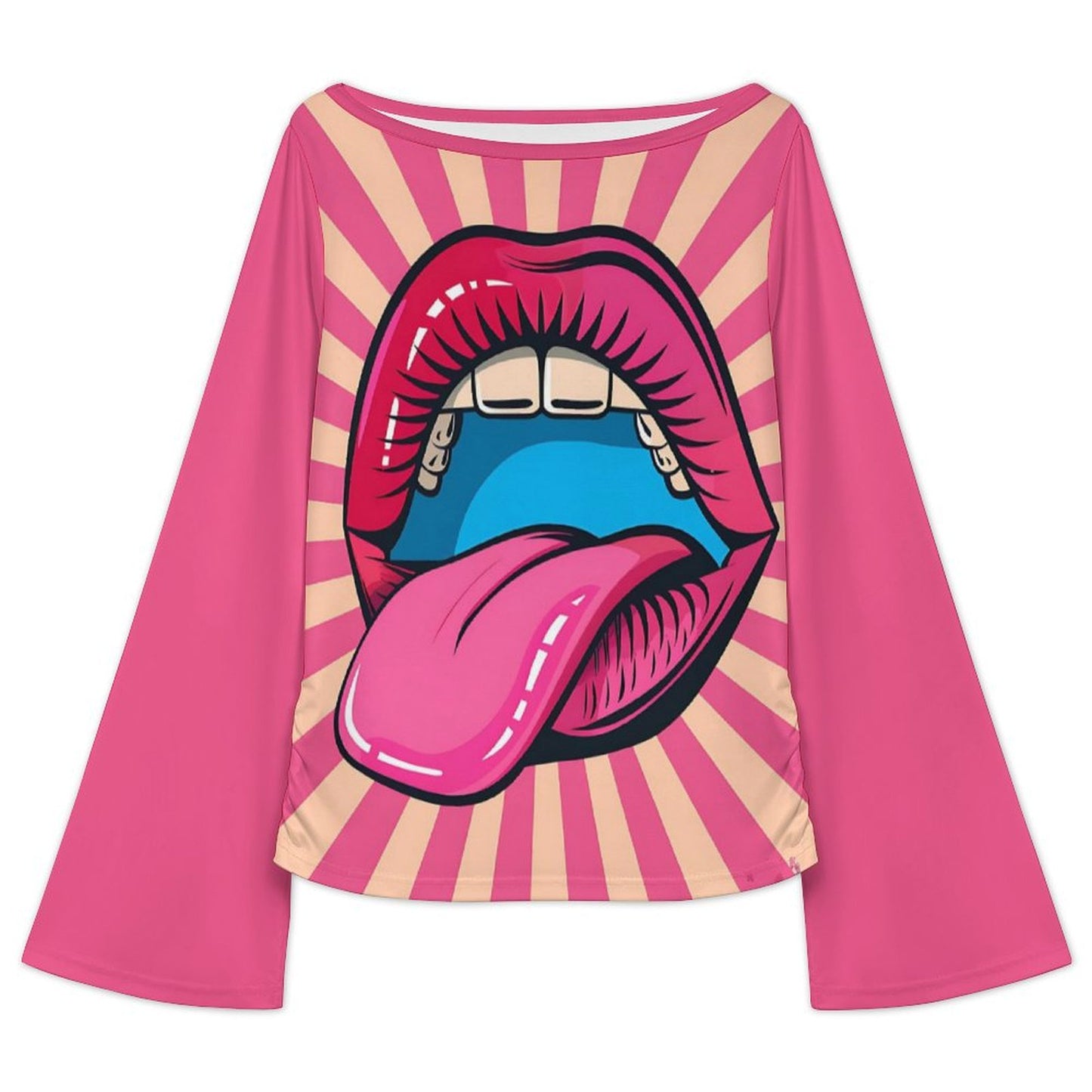 Custom Printed Boat Neck Flare Sleeve Blouse