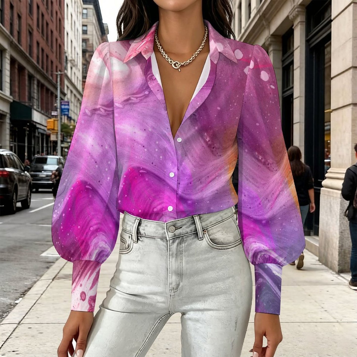 Custom Satin Lantern Sleeve Blouse for Women with Personalized Print