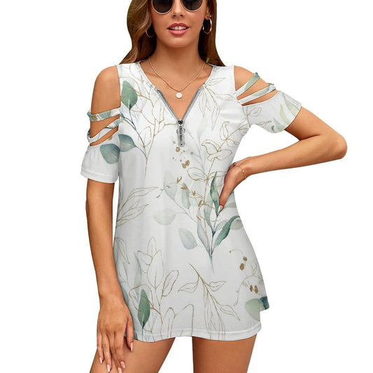 Custom Printed Zip-Front Cold Shoulder Tunic Top