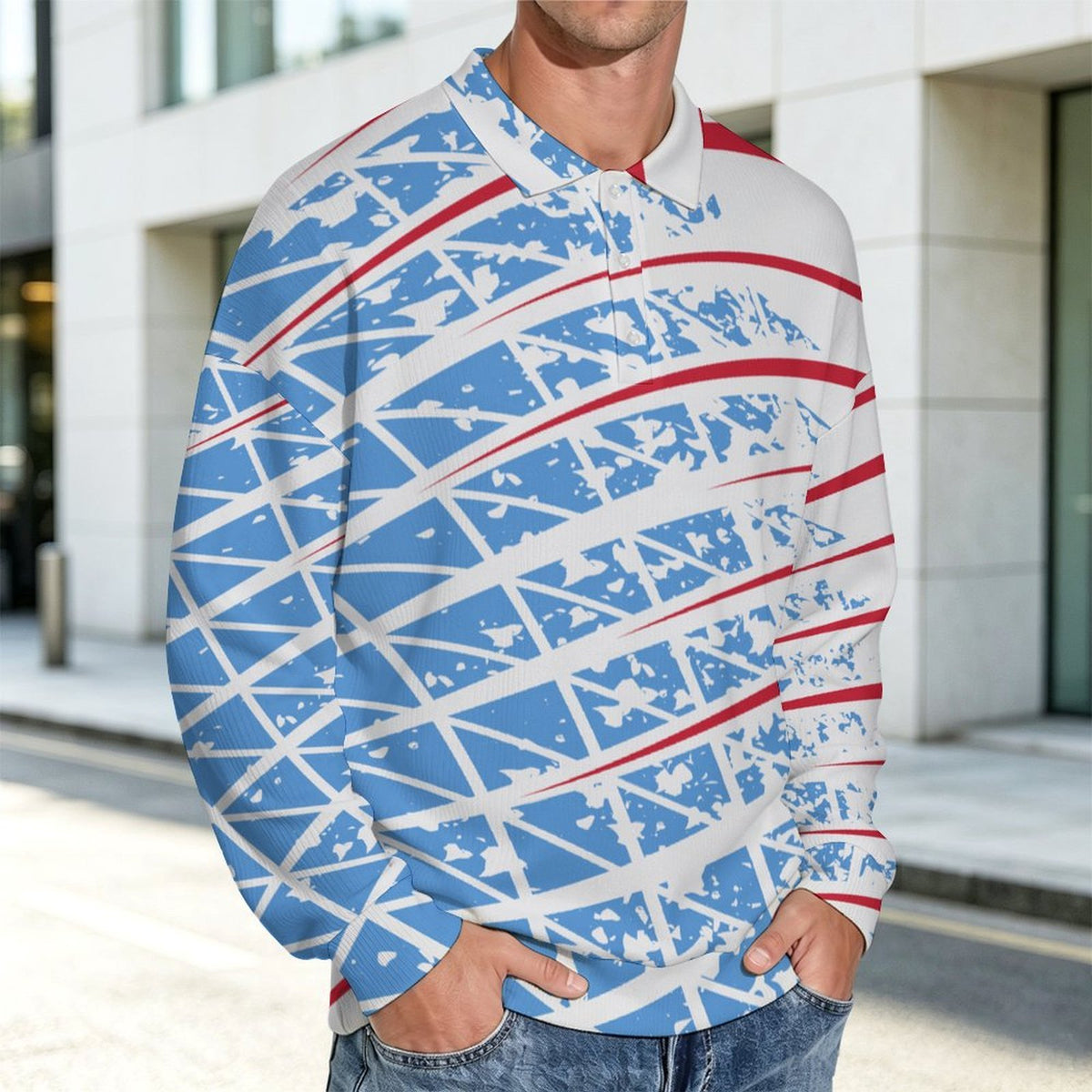 Men's Polo Collar Sweater with Custom Heat Transfer and Ribbed Knit