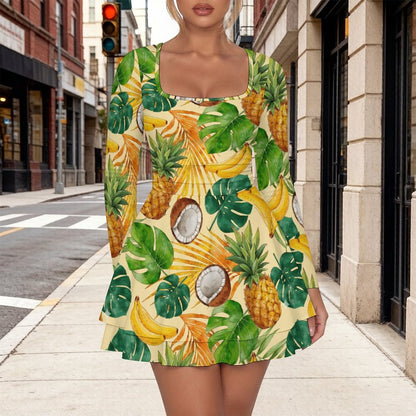 Women's Square Neck Ruffle Hem Mini Dress with Custom Prints