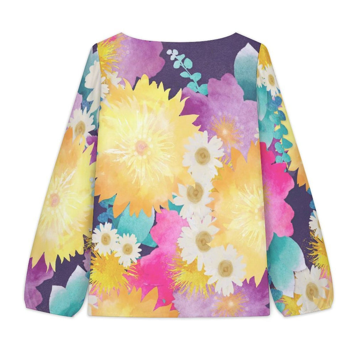 Women's Custom Print V-Neck Blouse with Lantern Sleeves