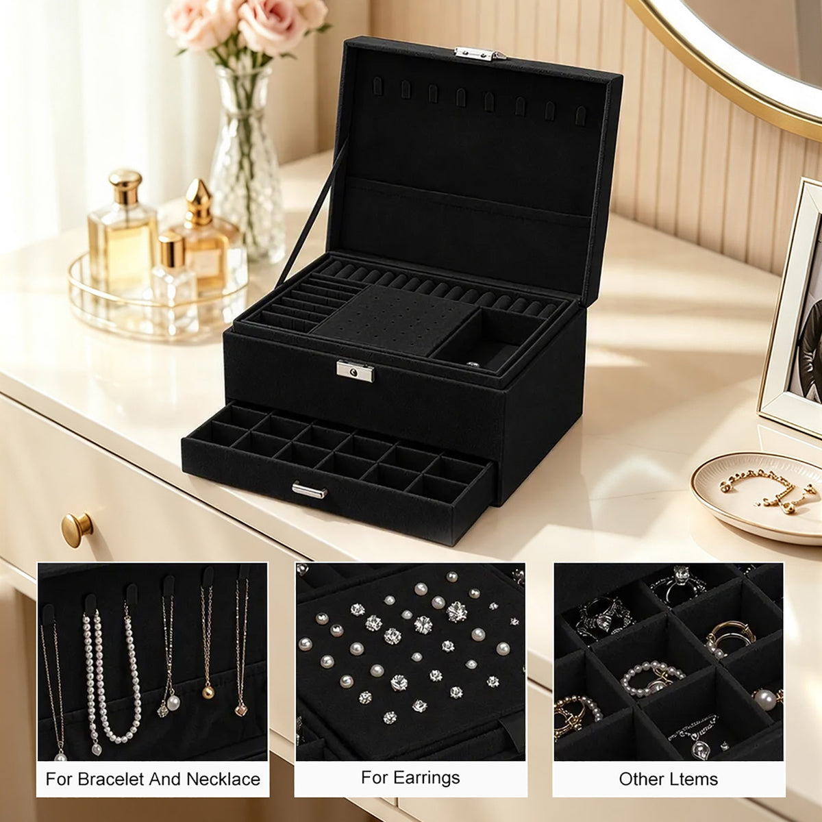 Personalized Three-Layer Suede Jewelry Organizer with Foil Stamping