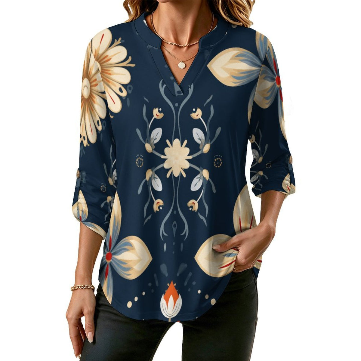 Custom Printed Women's V-Neck Shirt with Roll-Up Sleeves