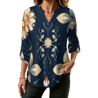 Custom Printed Women's V-Neck Shirt with Roll-Up Sleeves
