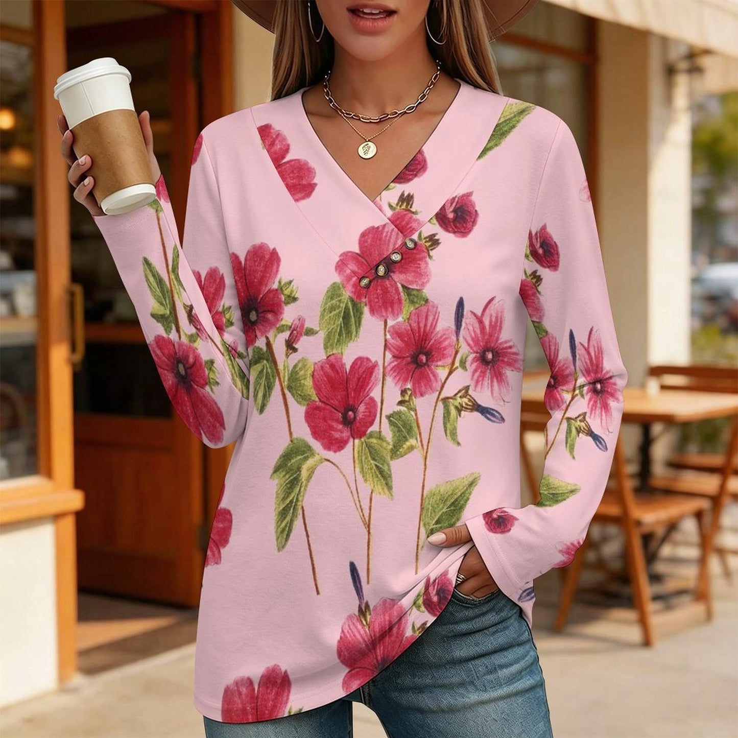 V-neck Button-up Top Flowers