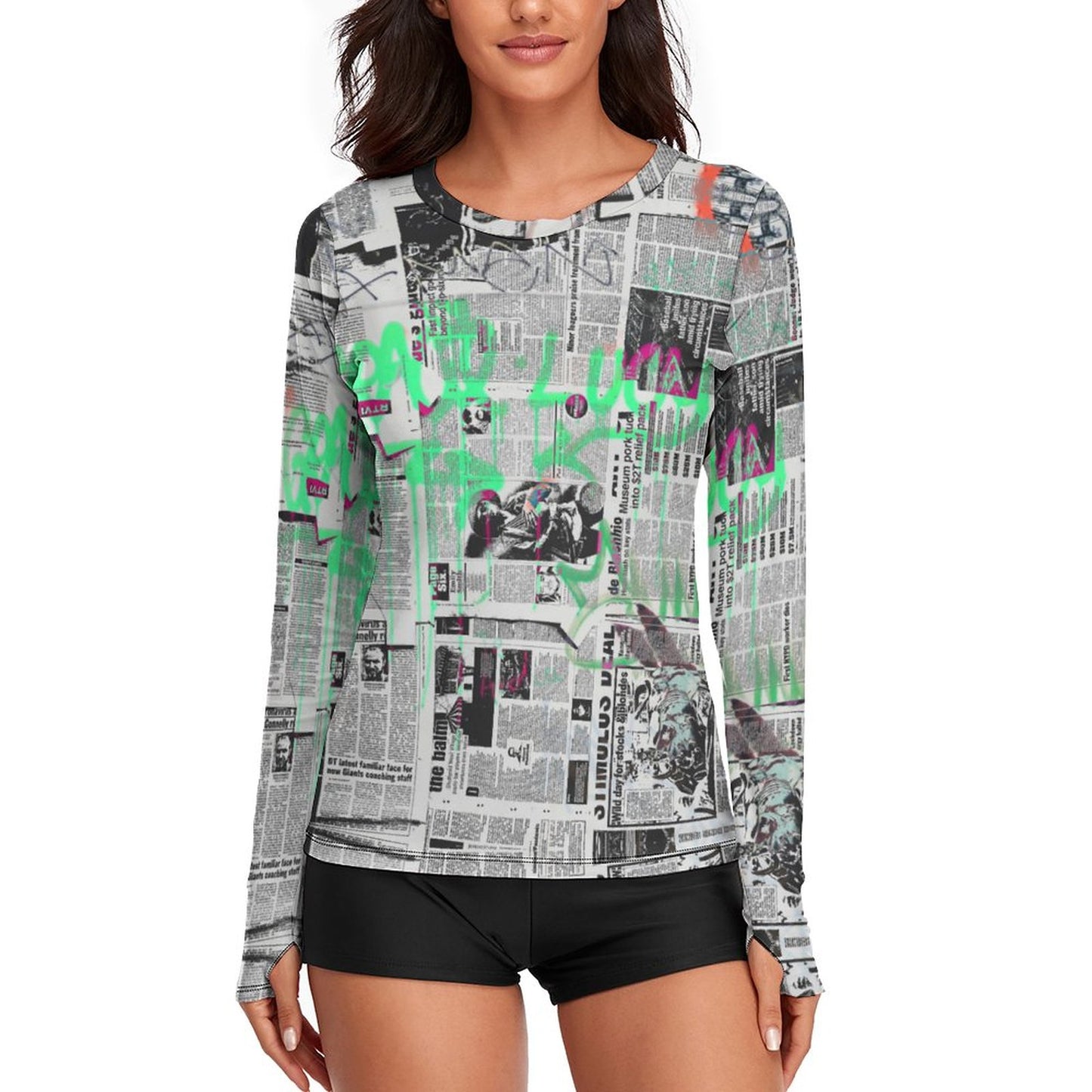 Women's Long Sleeve T-Shirt Newspaper Graffiti
