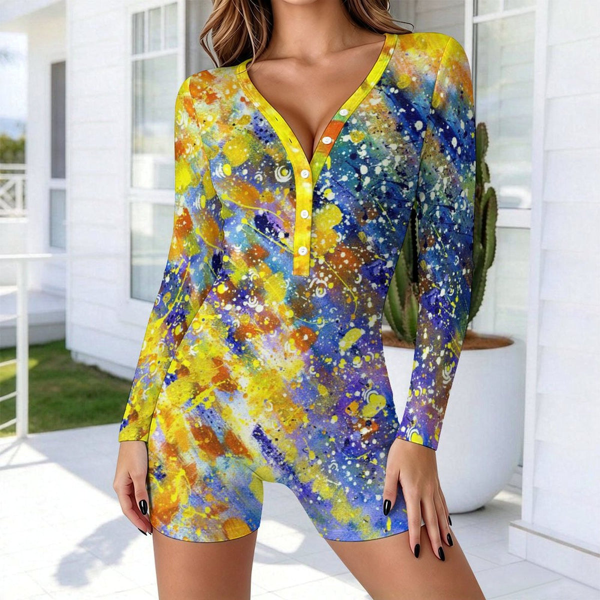 Long-sleeved Bodysuit Shorts Colorful Splash Ink