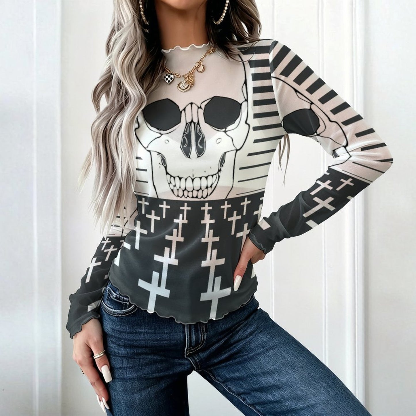 Custom Print Mesh Turtleneck Long Sleeve Top for Women — S to 5XL