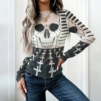 Custom Print Mesh Turtleneck Long Sleeve Top for Women — S to 5XL