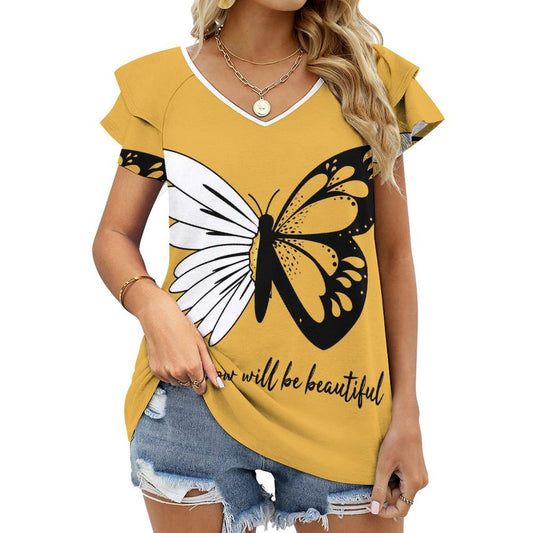 Custom Ruffle Sleeve V-Neck Tee | UPF 50+ Personalized Top