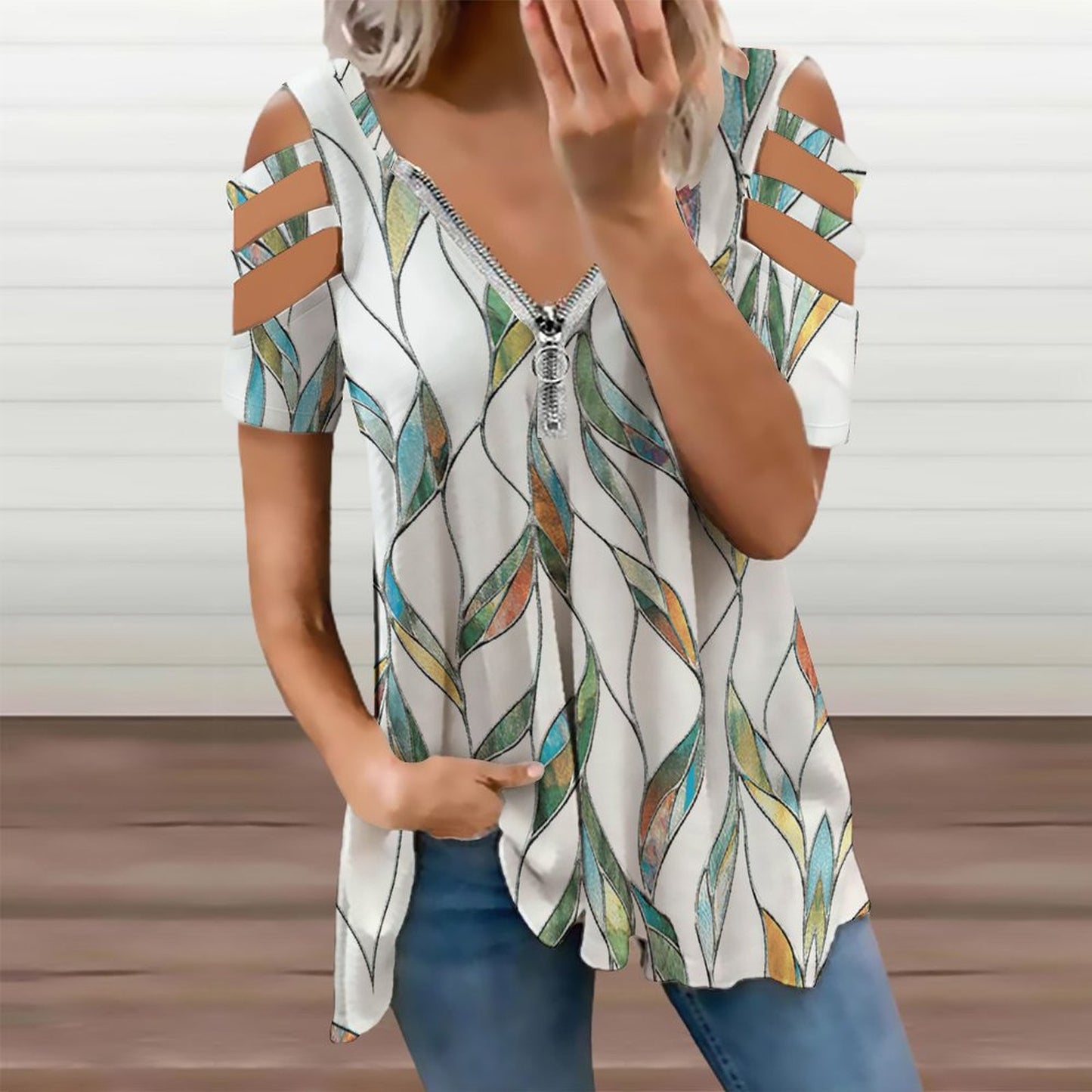 Custom Zip V-Neck Cold Shoulder Tunic | Leggings Friendly Top