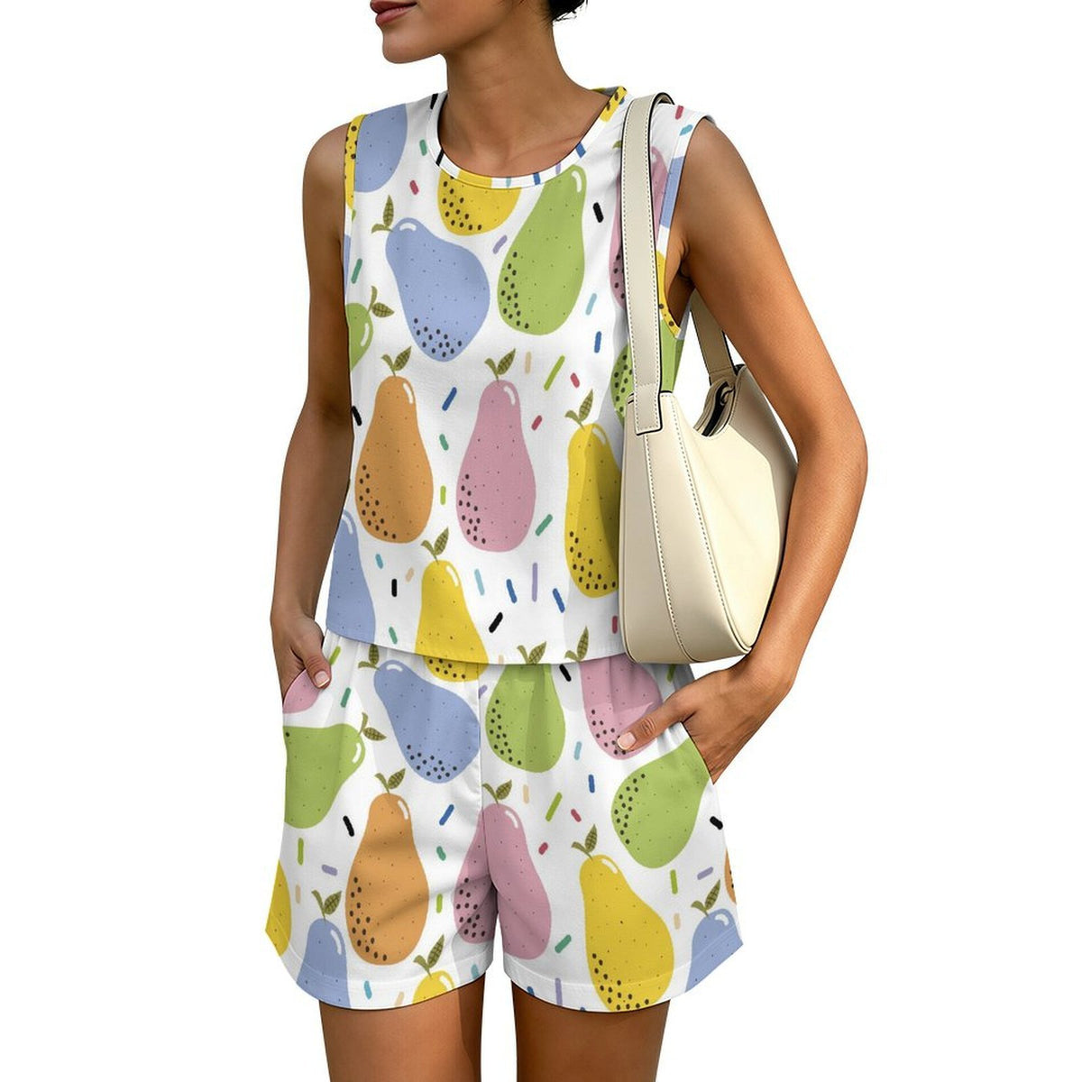 Custom Print Women Faux Linen Sleeveless Lounge Shorts Set with Pockets