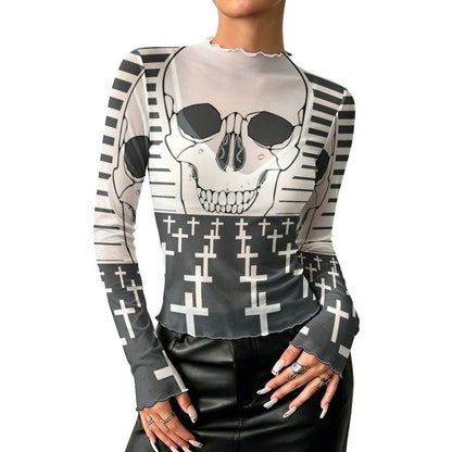 Custom Print Mesh Turtleneck Long Sleeve Top for Women — S to 5XL