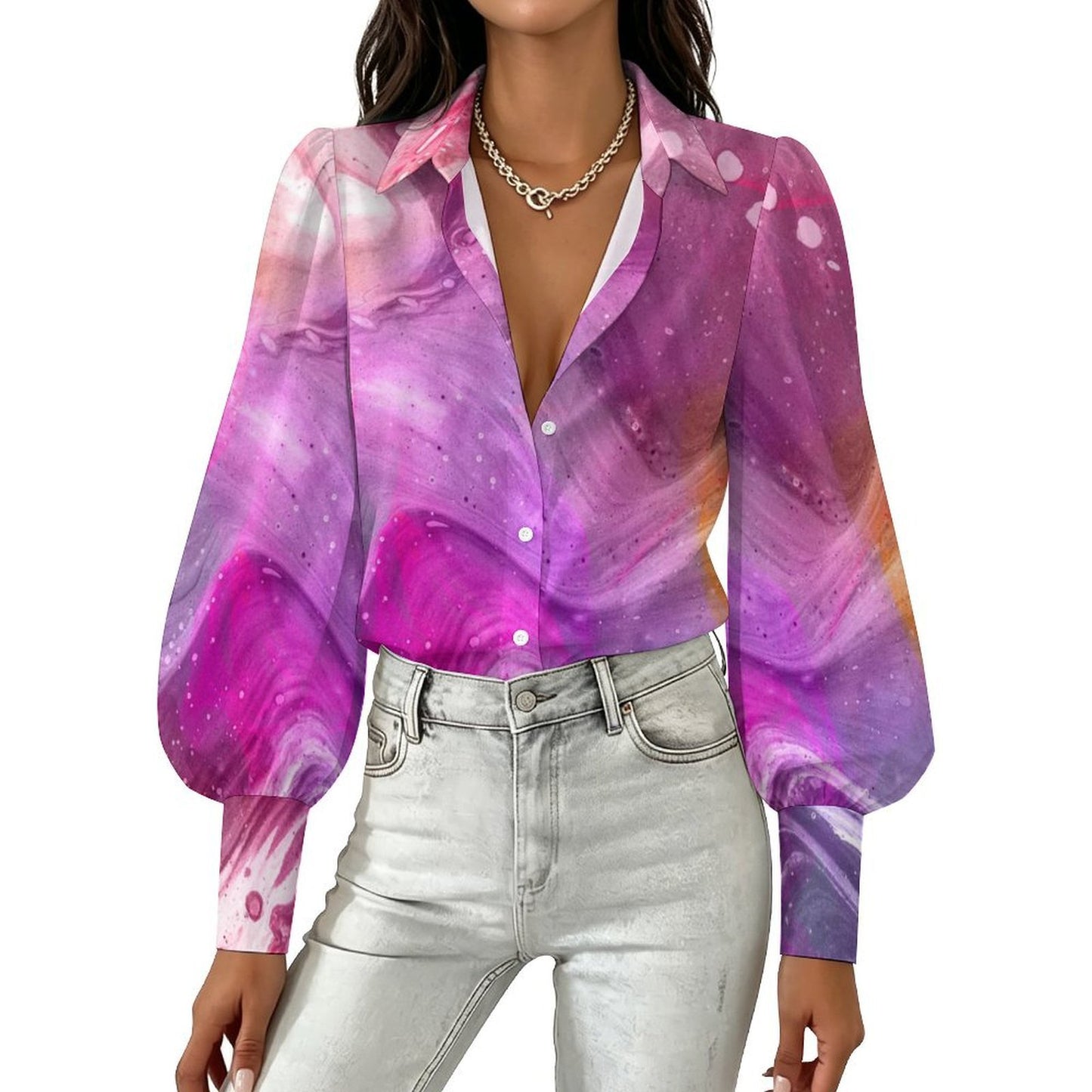 Custom Satin Lantern Sleeve Blouse for Women with Personalized Print