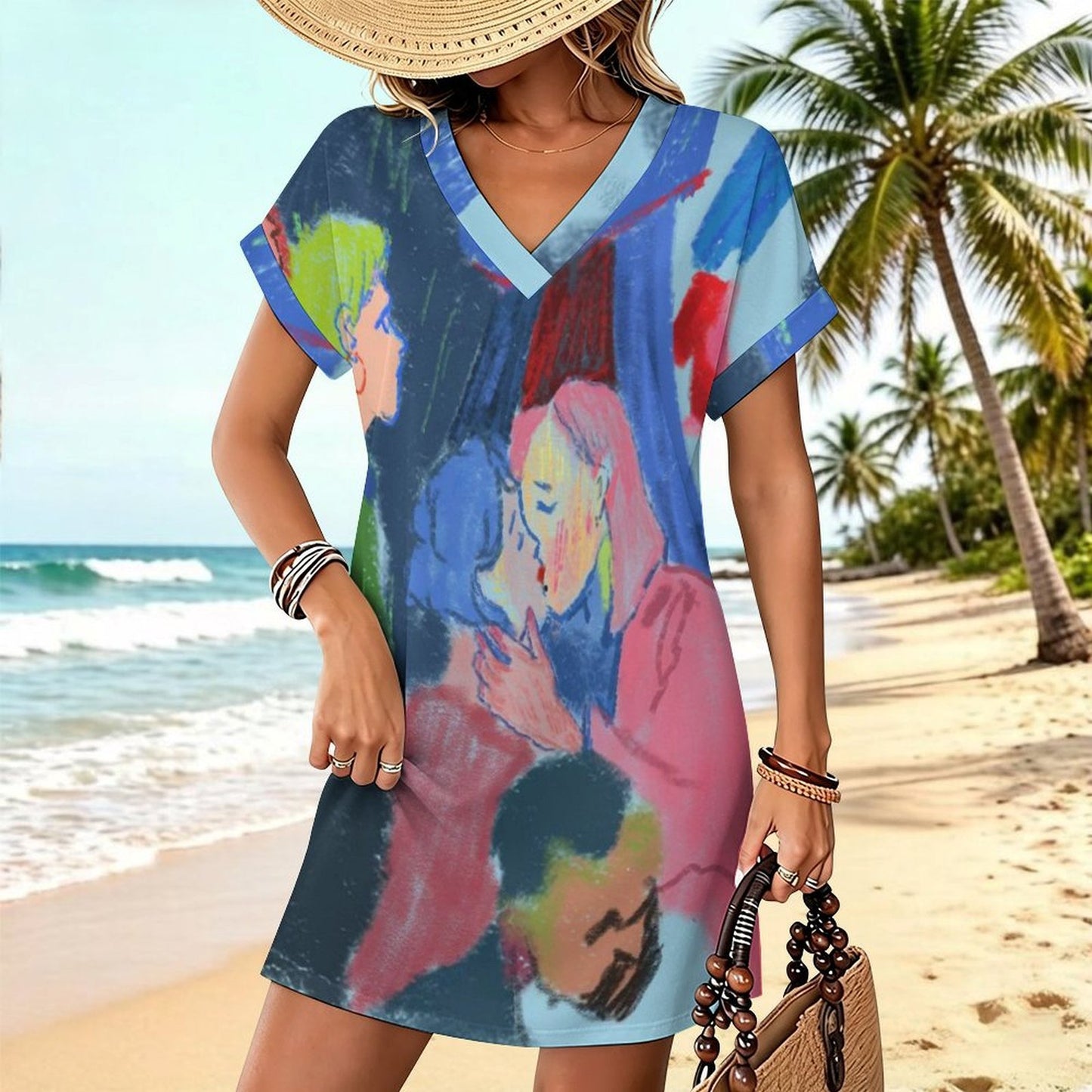 Women's Casual V-Neck Dress with Turn-Up Cuffs — Custom Heat Transfer Print, Soft Stretch Fabric, S–5XL