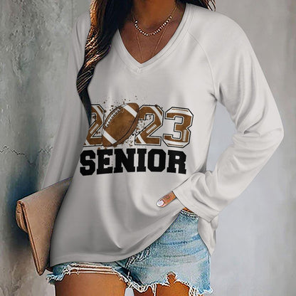 Custom Double V-Neck Loose T-Shirt | Women's Long Sleeve Top (S-5XL)