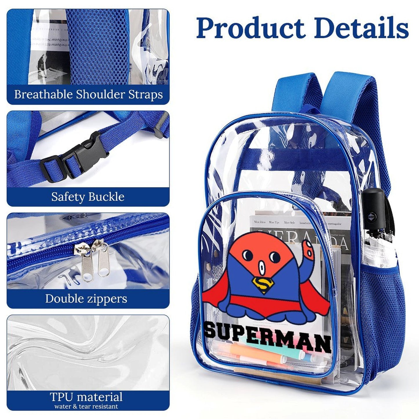 Custom Clear PVC Backpack with Mesh Pocket — UV-Printed Personalized Transparent Bag