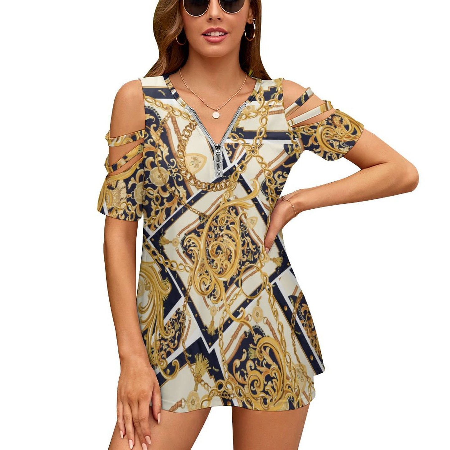 Custom Zip V-Neck Cold Shoulder Tunic Top | Adjustable Neckline Blouse