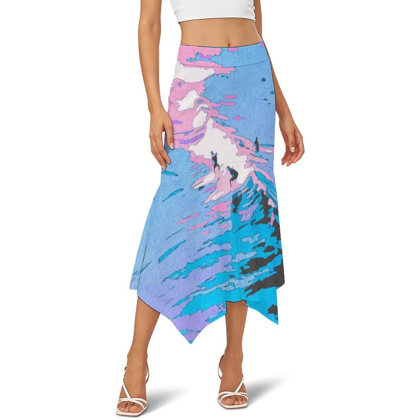 Custom Print Asymmetric Flare Midi Skirt with High Waist for Women
