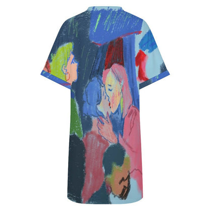 Women's Casual V-Neck Dress with Turn-Up Cuffs — Custom Heat Transfer Print, Soft Stretch Fabric, S–5XL
