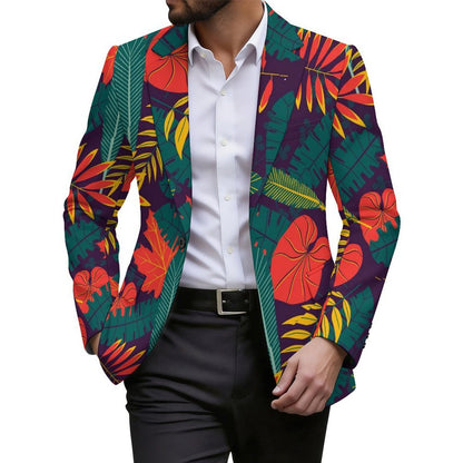 Men's Single-Button Blazer with Custom Heat Transfer and Flap Pockets