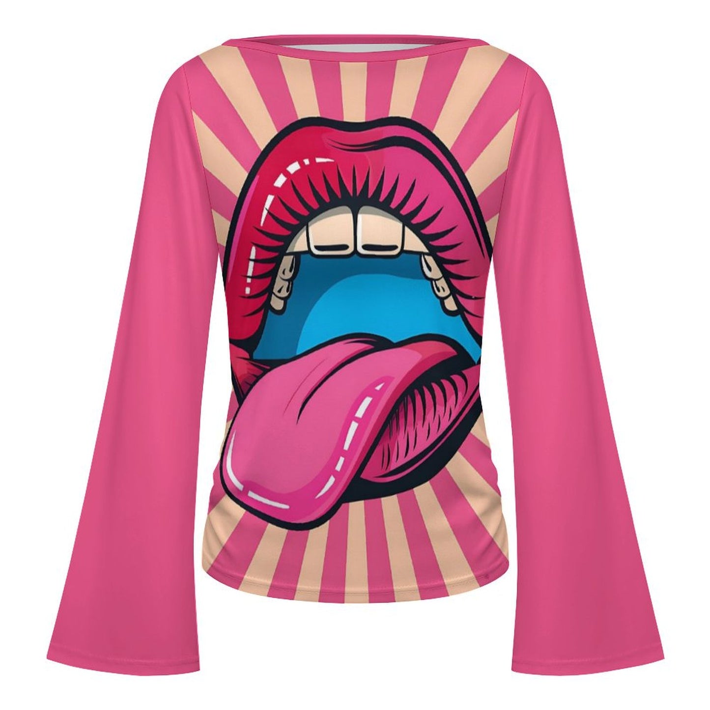 Custom Printed Boat Neck Flare Sleeve Blouse