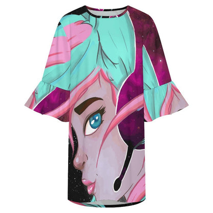 Women's Ruffle Sleeve Dress with Custom Print — Lightweight Stretch Fabric, Round Neck, XS to 5XL