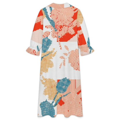 Custom Printed Blazer Collar Shirt Dress for Women - Long Sleeve Stretch Maxi Dress
