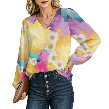 Women's Custom Print V-Neck Blouse with Lantern Sleeves