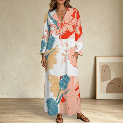 Custom Printed Blazer Collar Shirt Dress for Women - Long Sleeve Stretch Maxi Dress
