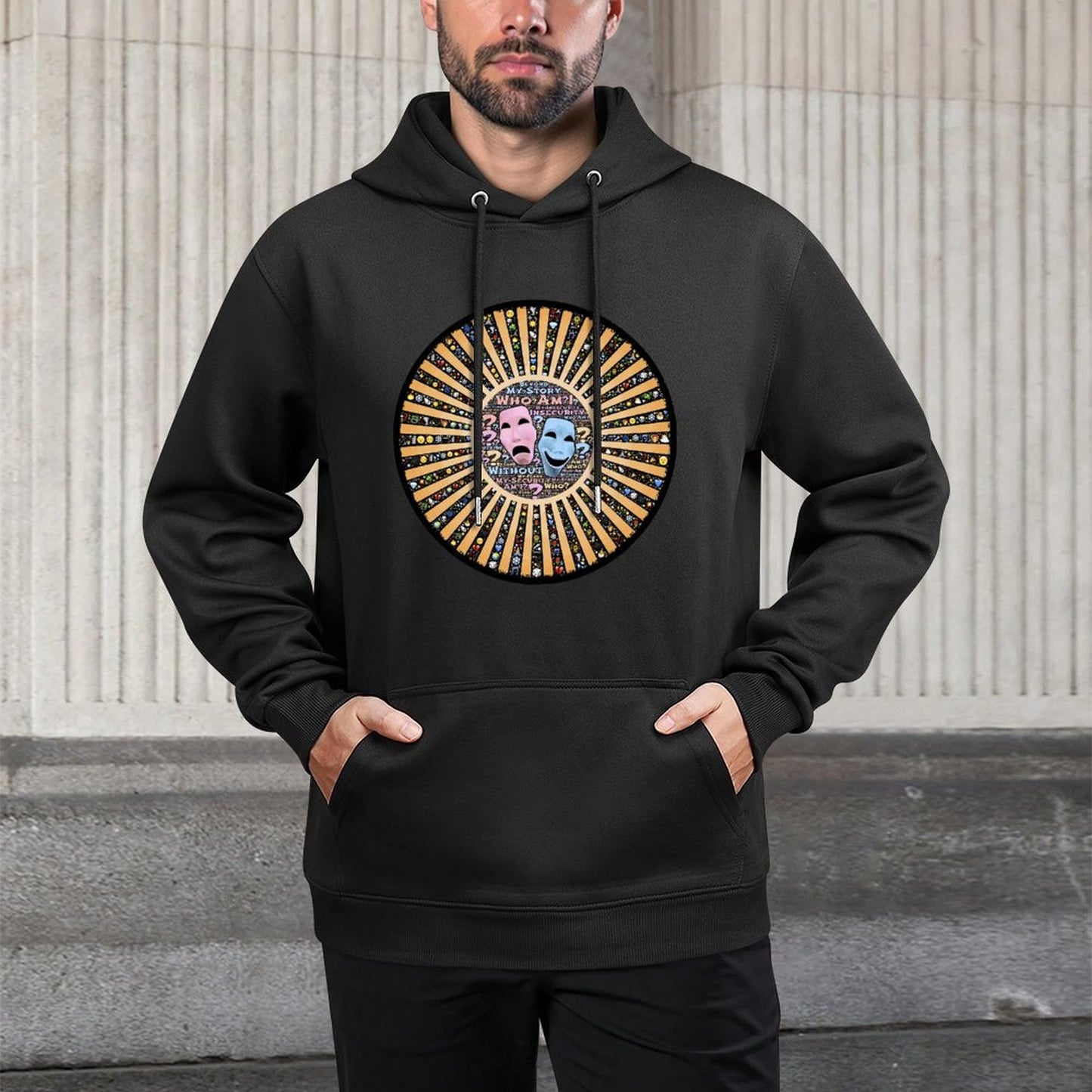 Custom Theatre Mask Graphic Hoodie | 'Who Am I' Philosophical Sweatshirt