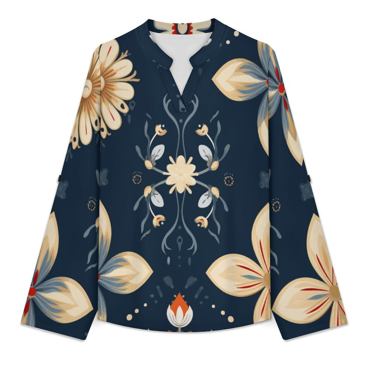 Custom Printed Women's V-Neck Shirt with Roll-Up Sleeves