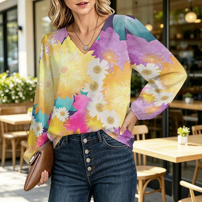 Women's Custom Print V-Neck Blouse with Lantern Sleeves