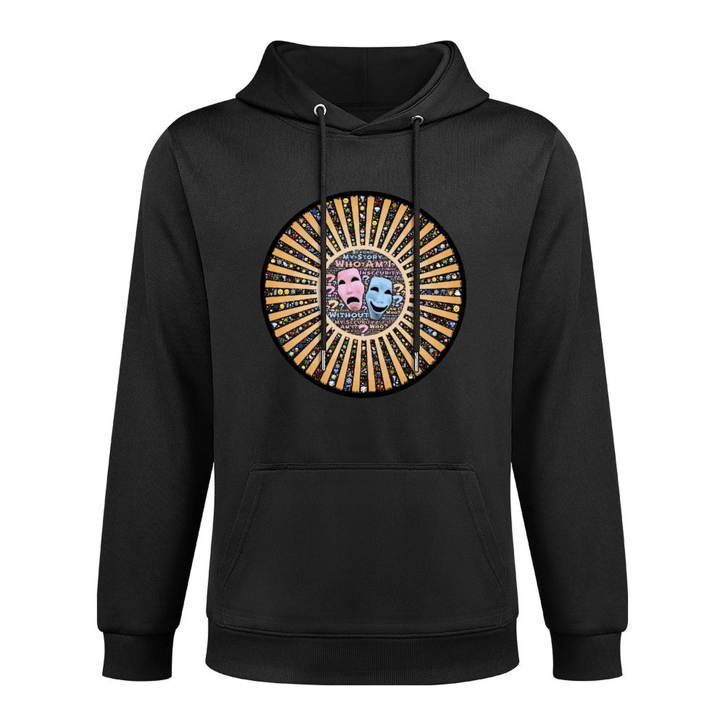 Custom Theatre Mask Graphic Hoodie | 'Who Am I' Philosophical Sweatshirt