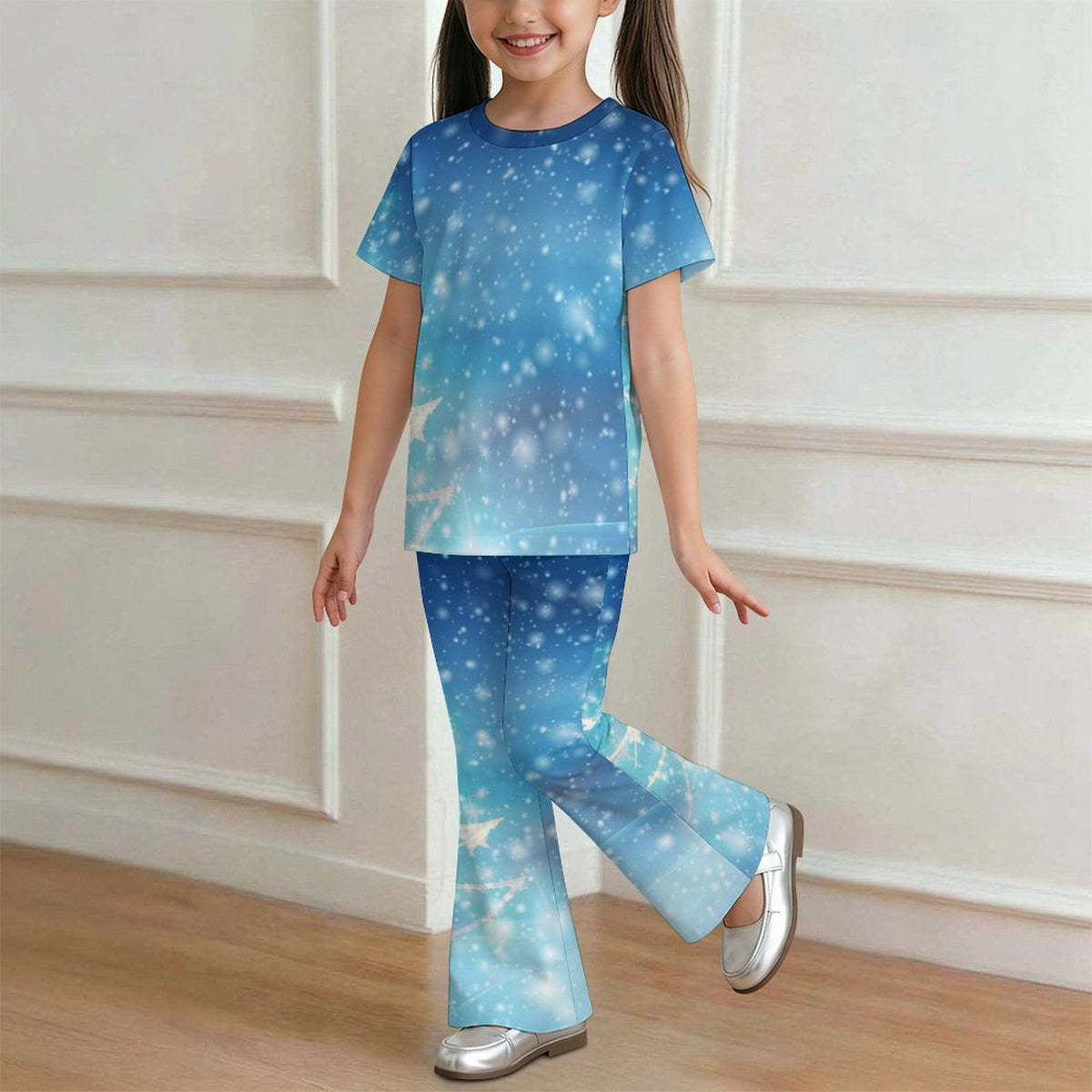 Custom Print Girls Flare Pants Set - Personalized Short Sleeve Summer Outfit