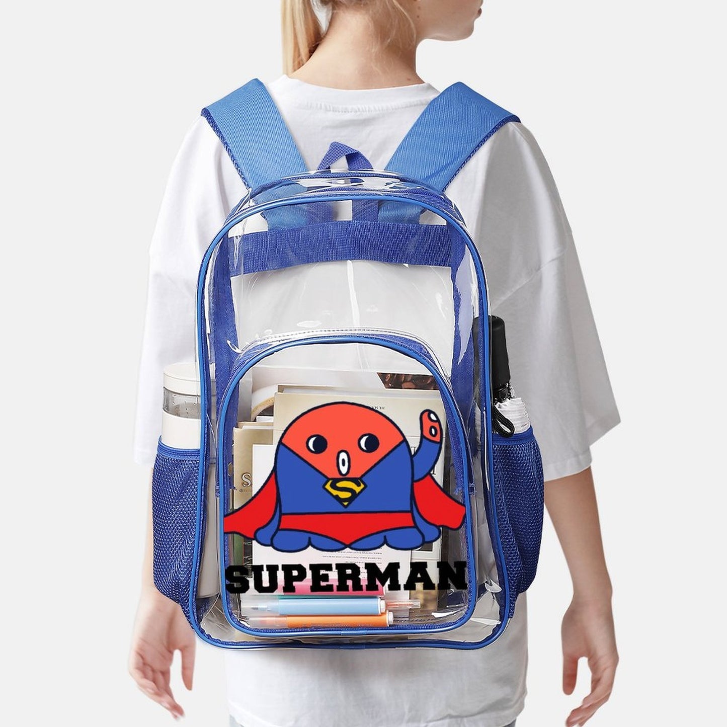 Custom Clear PVC Backpack with Mesh Pocket — UV-Printed Personalized Transparent Bag